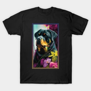 Rottweiler Dog Vibrant Tropical Flower Tall Digital Oil Painting Portrait T-Shirt